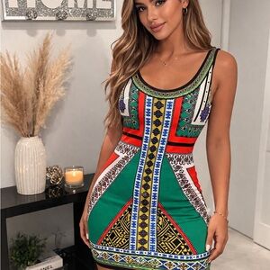 PEACHPUFF Mini Dress Size S Stretch Bodycon Tribal Print Zip Back Thick Fabric